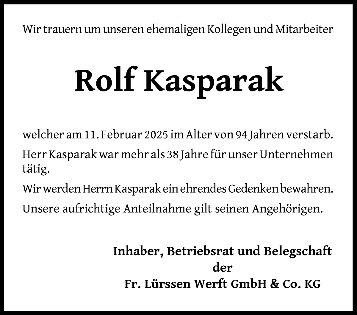 Traueranzeige von Rolf Kasparak von Die Norddeutsche