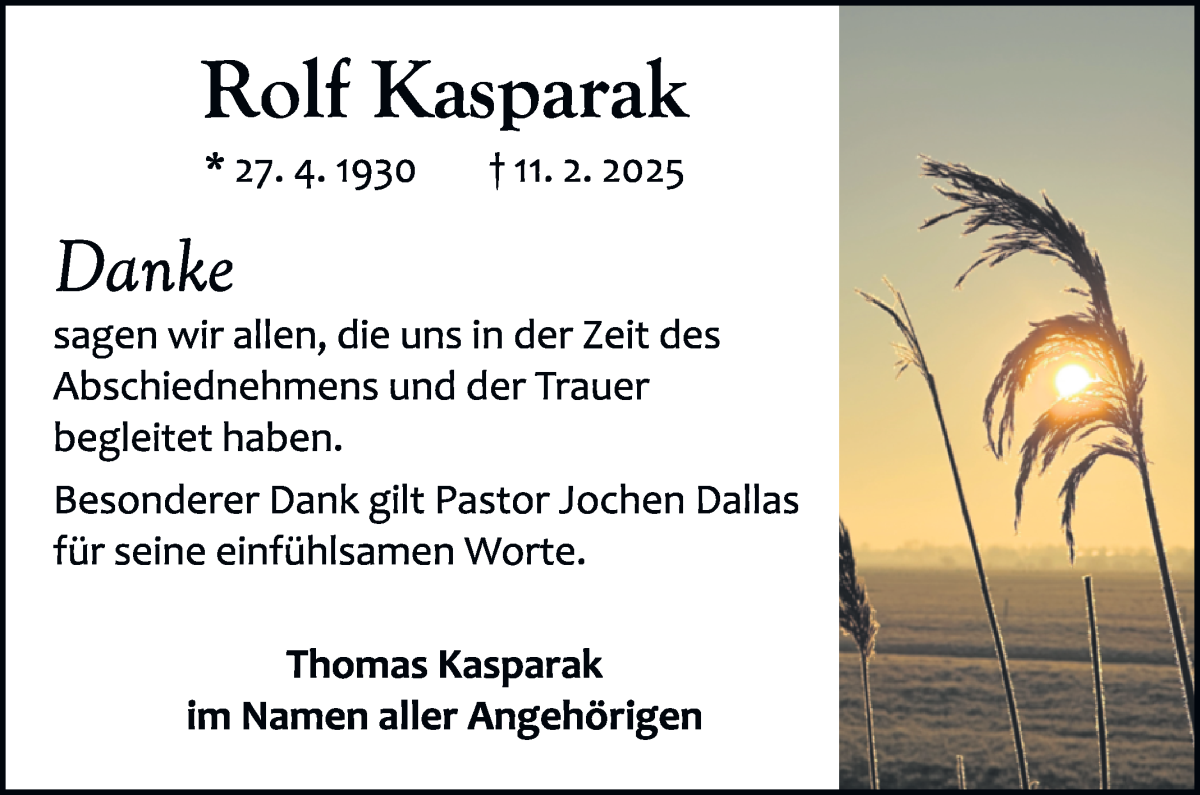 Traueranzeige von Rolf Kasparak von Die Norddeutsche