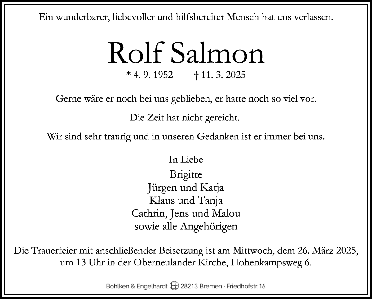Traueranzeige von Rolf Salmon von WESER-KURIER