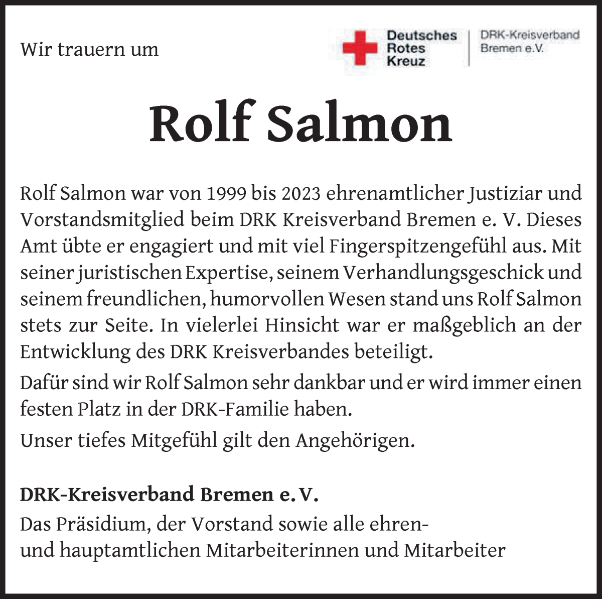 Traueranzeige von Rolf Salmon von WESER-KURIER