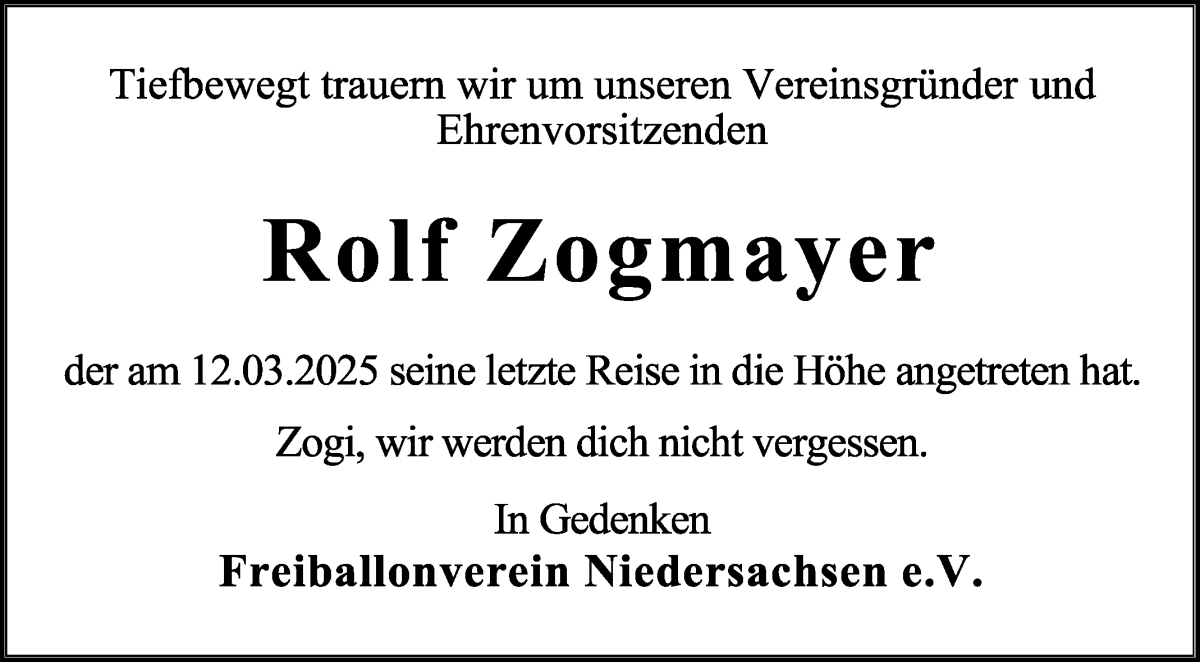 Traueranzeige von Rolf Zogmayer von WESER-KURIER
