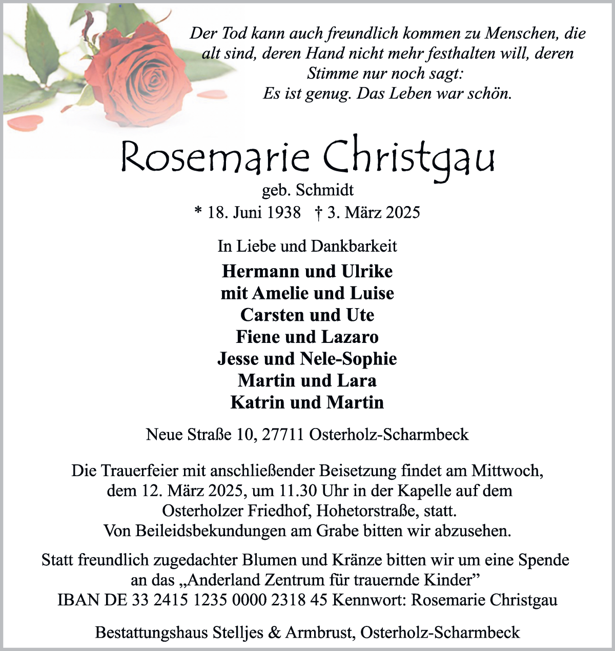 Traueranzeige von Rosemarie Christgau von Osterholzer Kreisblatt