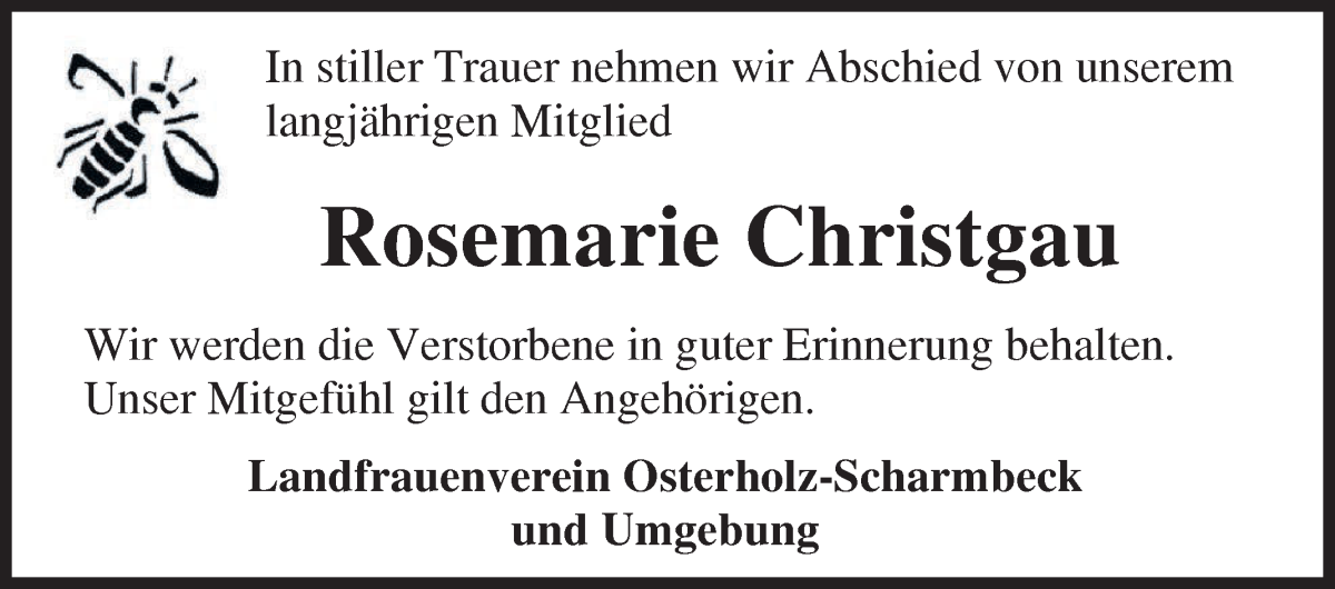 Traueranzeige von Rosemarie Christgau von Osterholzer Kreisblatt