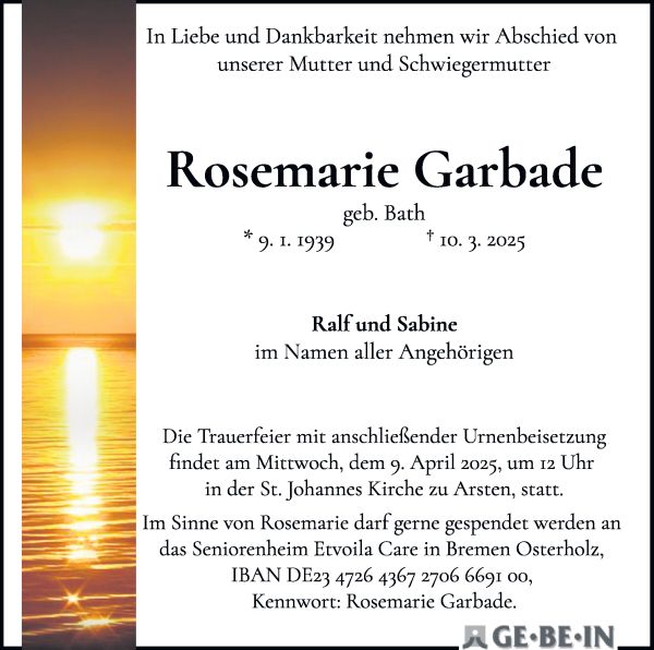 Traueranzeige von Rosemarie Garbade von WESER-KURIER