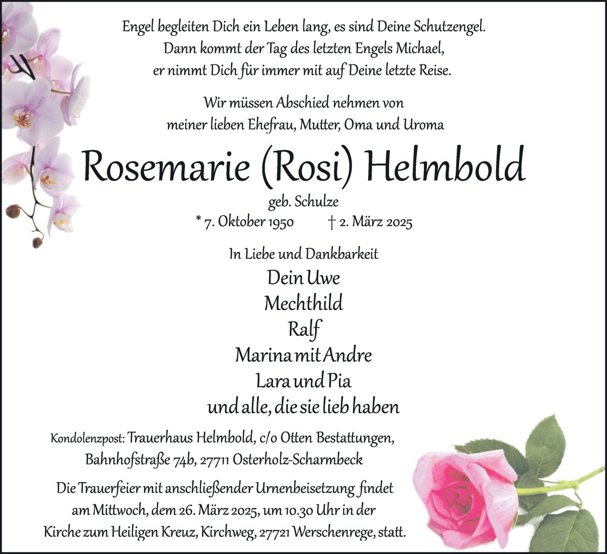 Traueranzeige von Rosemarie Helmbold von Osterholzer Kreisblatt