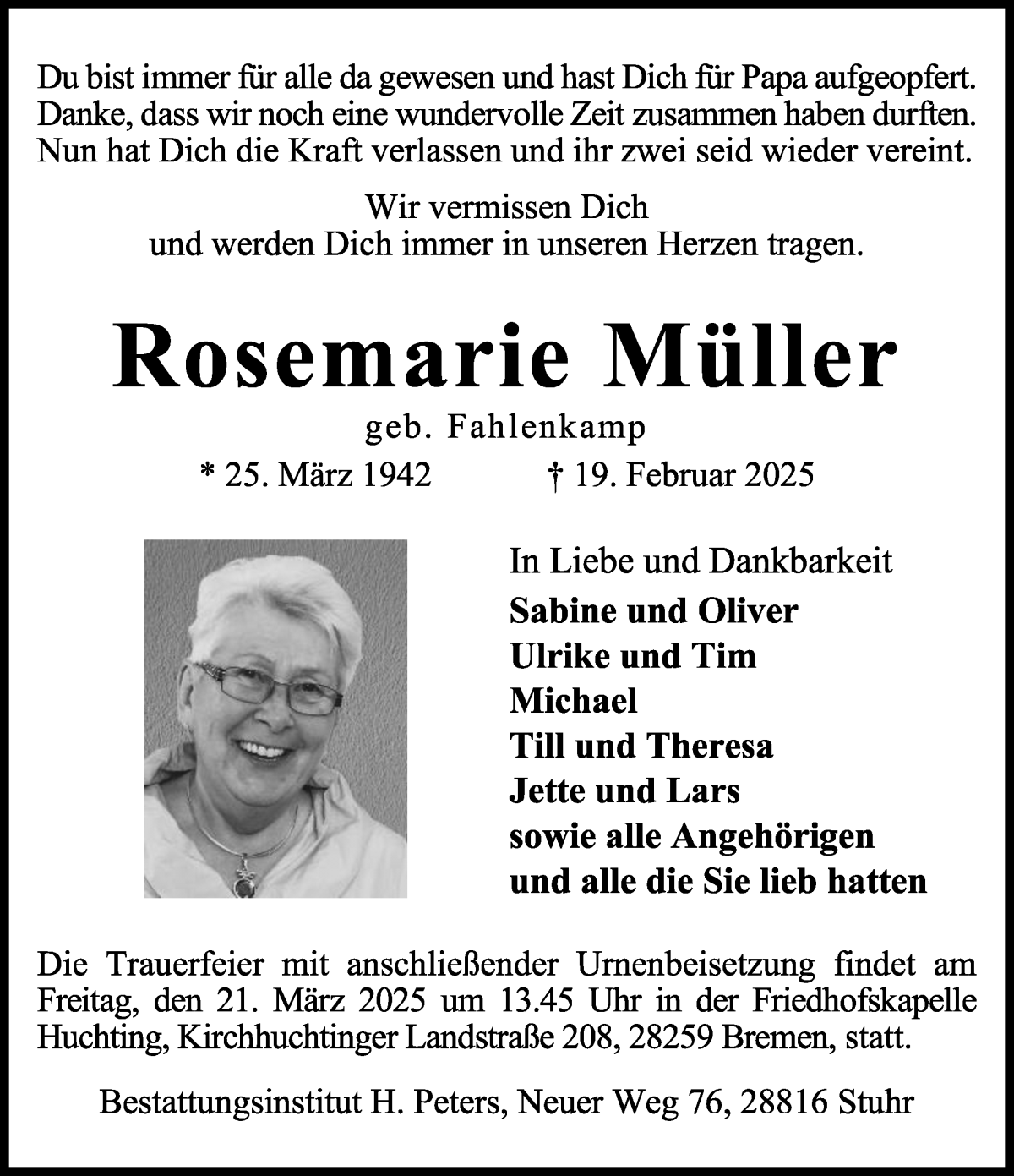 Traueranzeige von Rosemarie Müller von WESER-KURIER