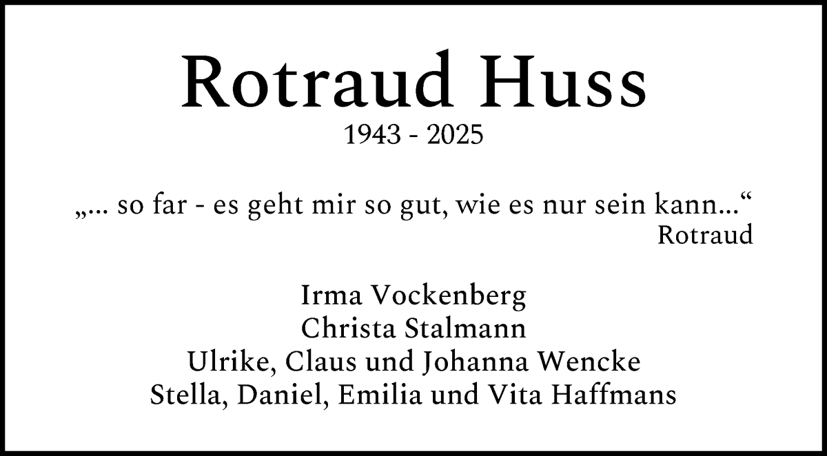 Traueranzeige von Rotraud Huss von WESER-KURIER