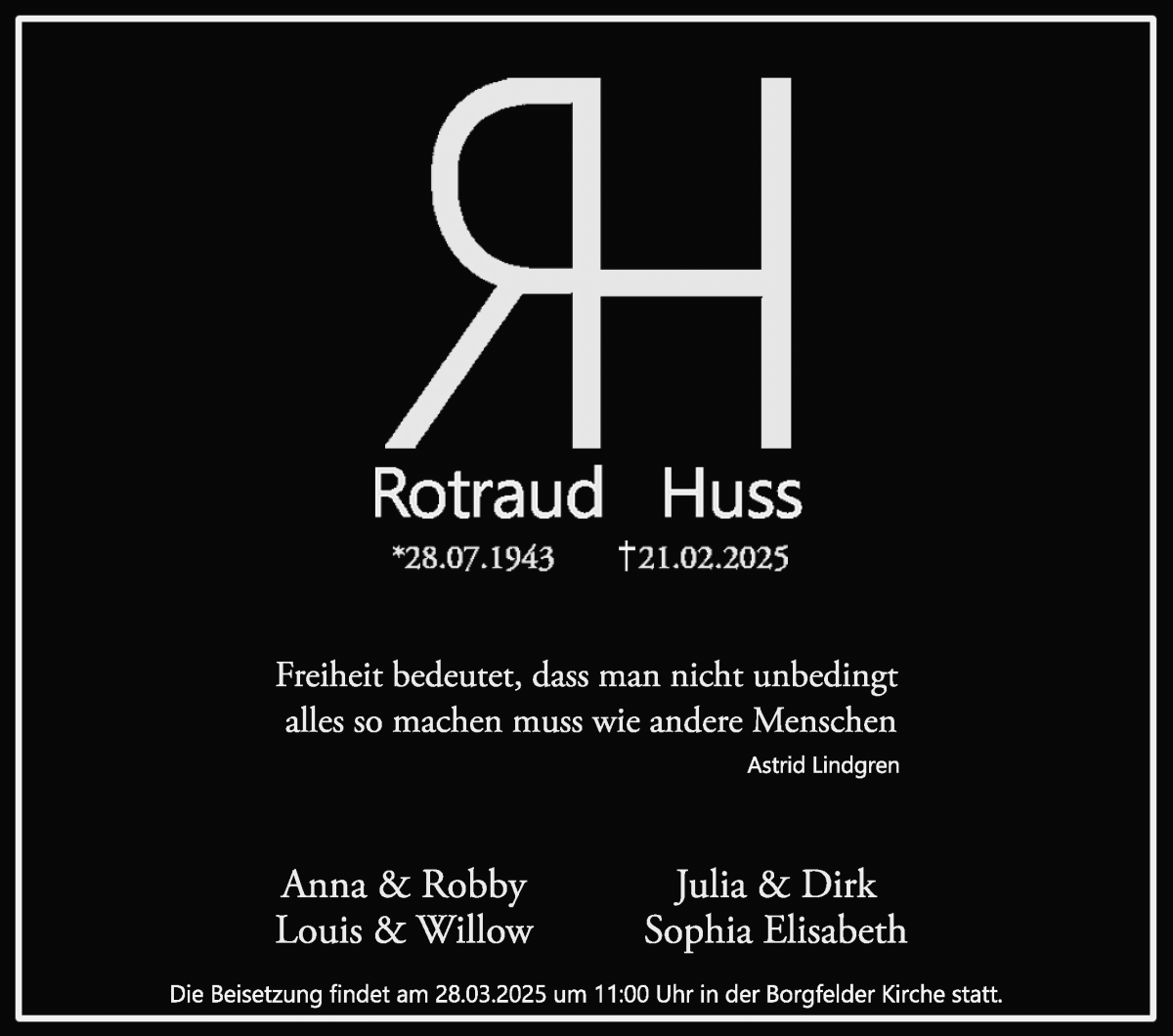 Traueranzeige von Rotraud Huss von WESER-KURIER