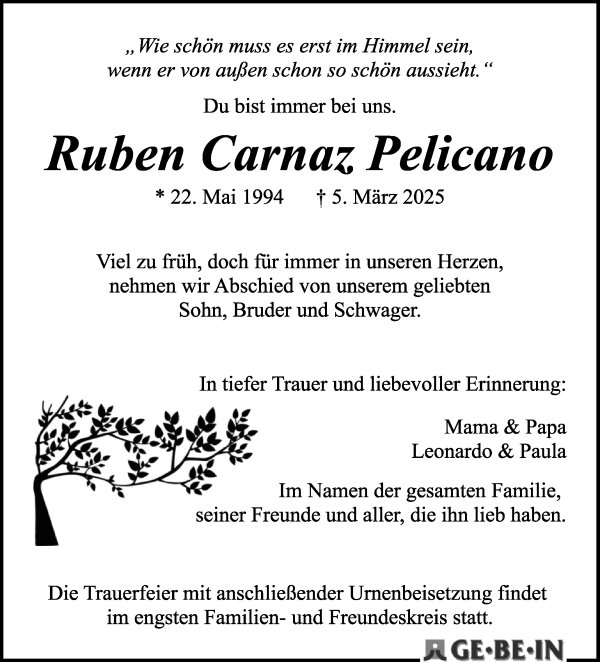 Traueranzeige von Ruben Carnaz Pelicano von WESER-KURIER