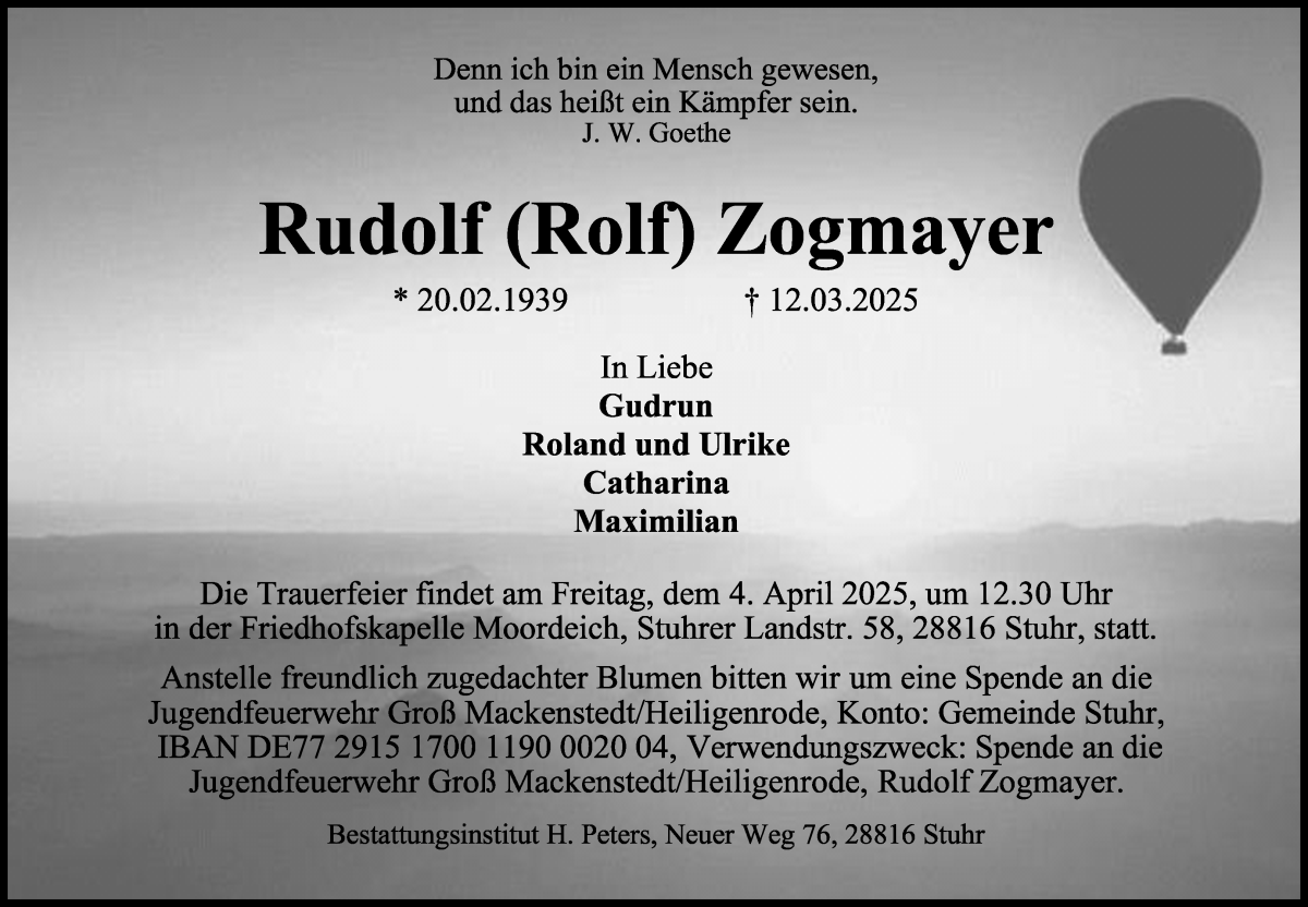 Traueranzeige von Rudolf (Rolf) Zogmayer von WESER-KURIER