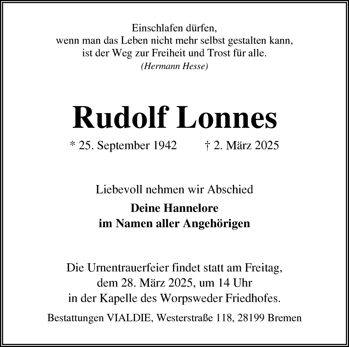 Traueranzeige von Rudolf Lonnes von Wuemme Zeitung