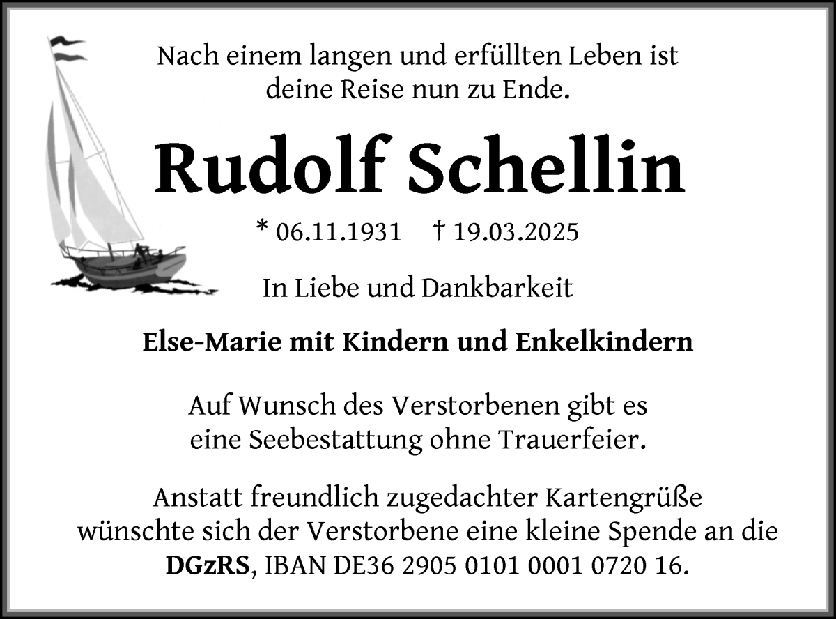Traueranzeige von Rudolf Schellin von WESER-KURIER