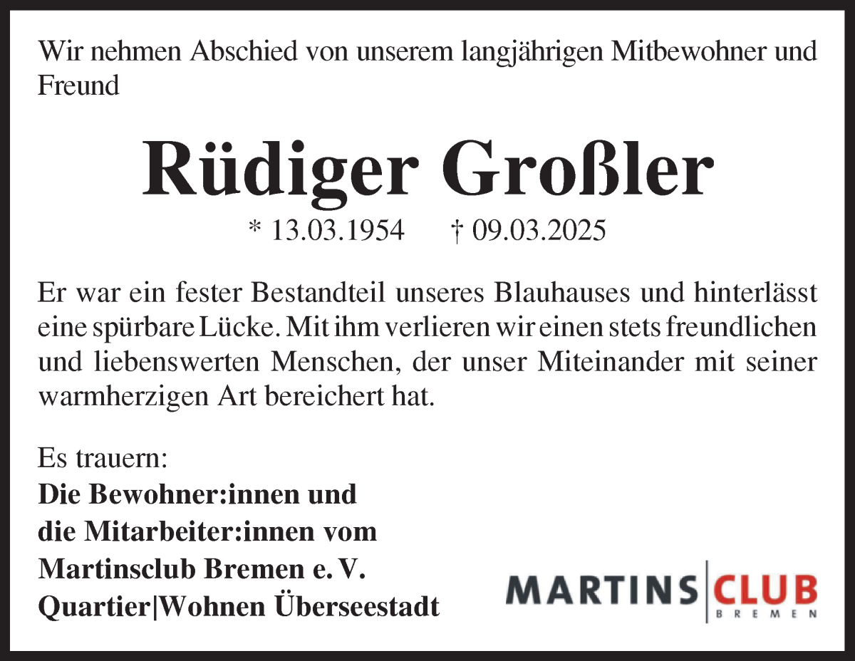 Traueranzeige von Rüdiger Großler von WESER-KURIER