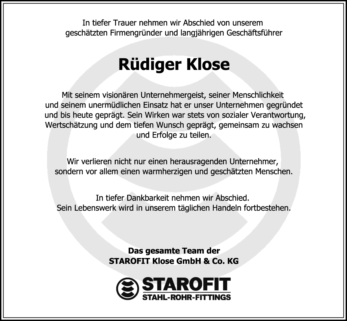 Traueranzeige von Rüdiger Klose von WESER-KURIER