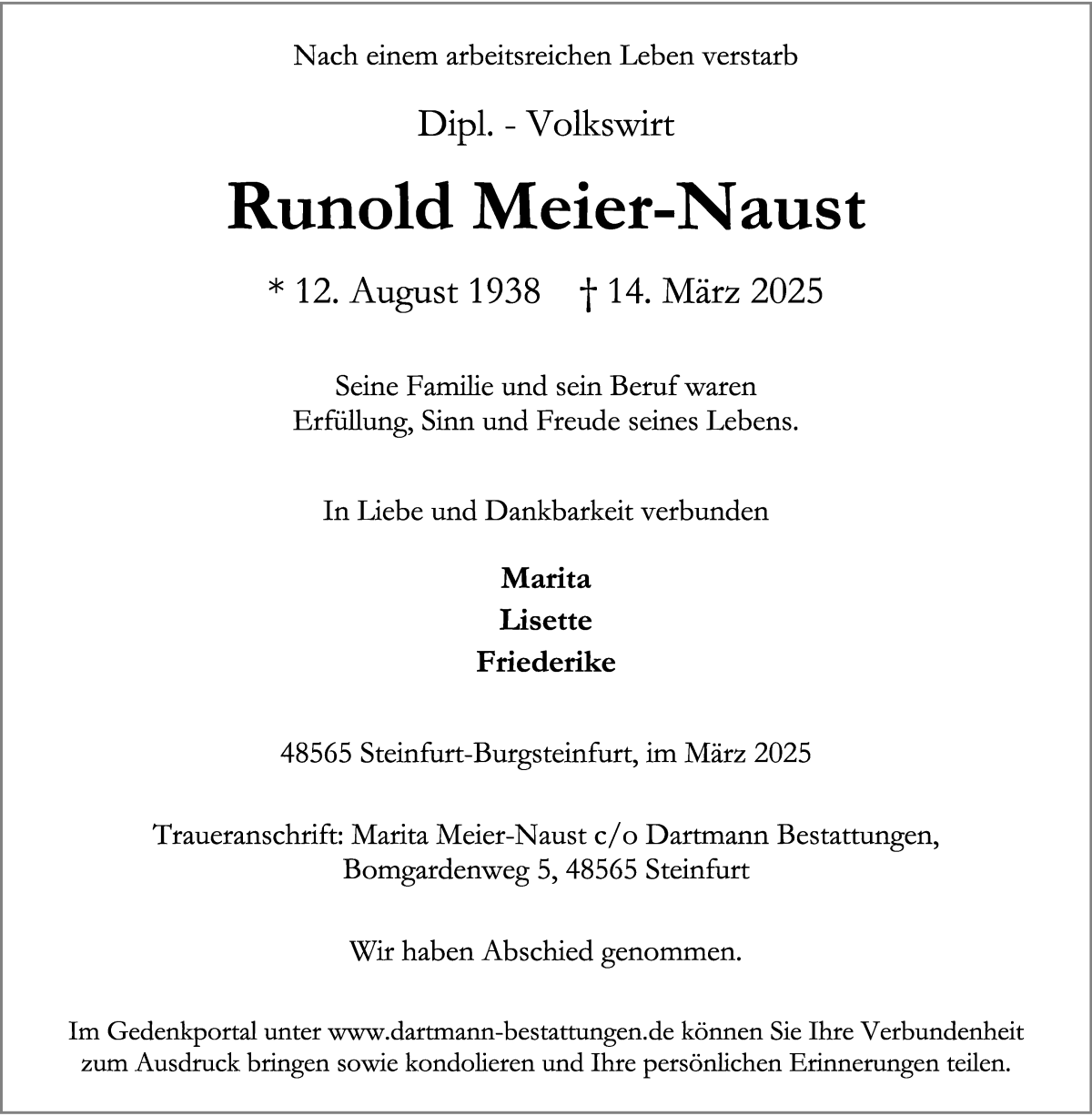 Traueranzeige von Runold Meier-Naust von WESER-KURIER