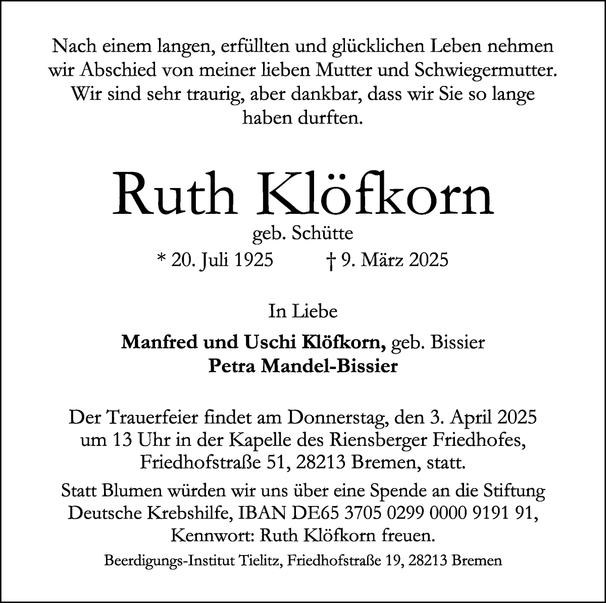 Traueranzeige von Ruth Klöfkorn von WESER-KURIER