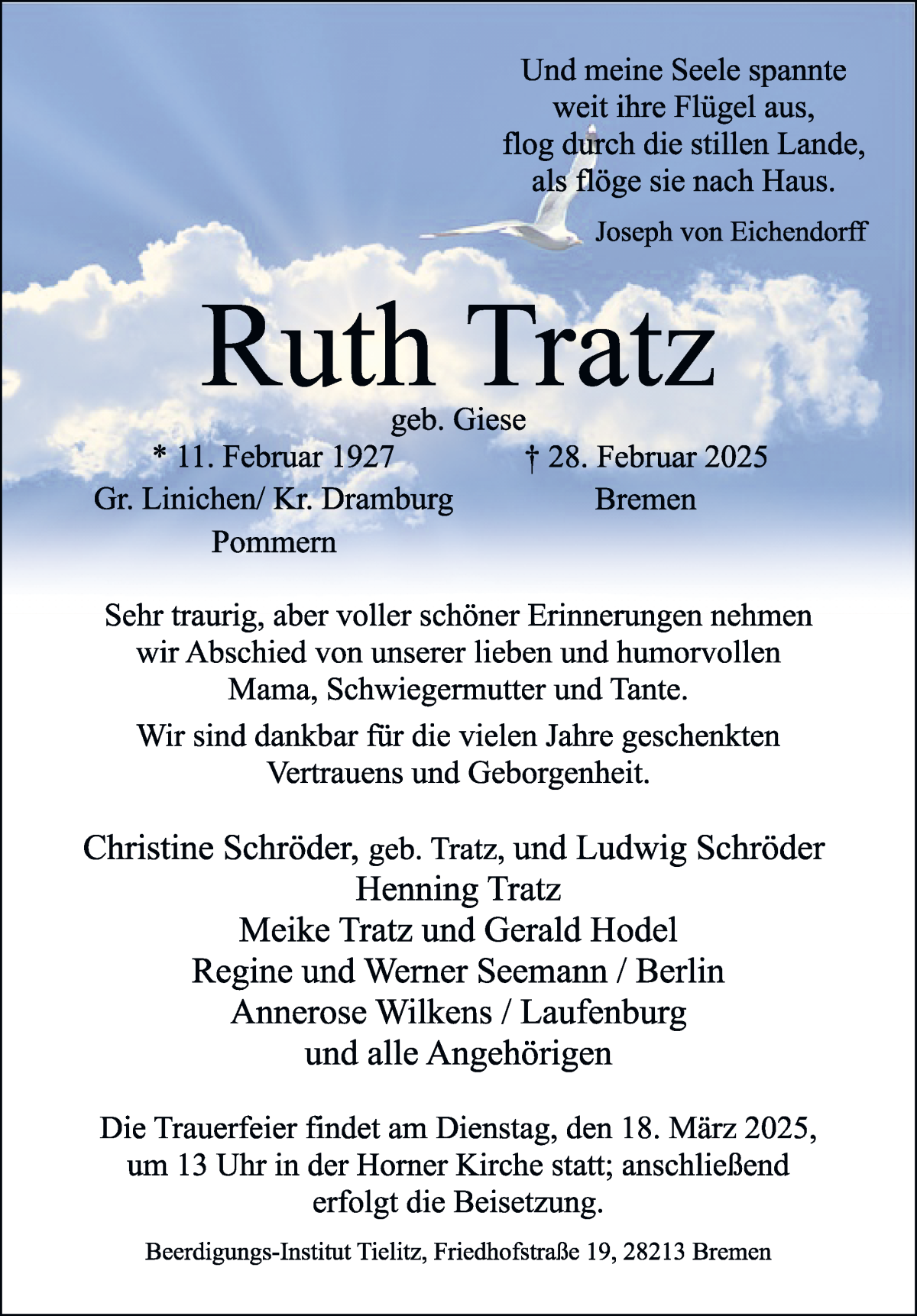 Traueranzeige von Ruth Tratz von WESER-KURIER
