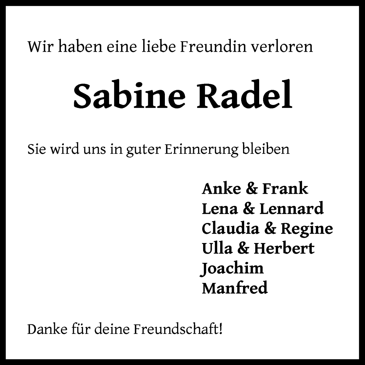 Traueranzeige von Sabine Radel von WESER-KURIER