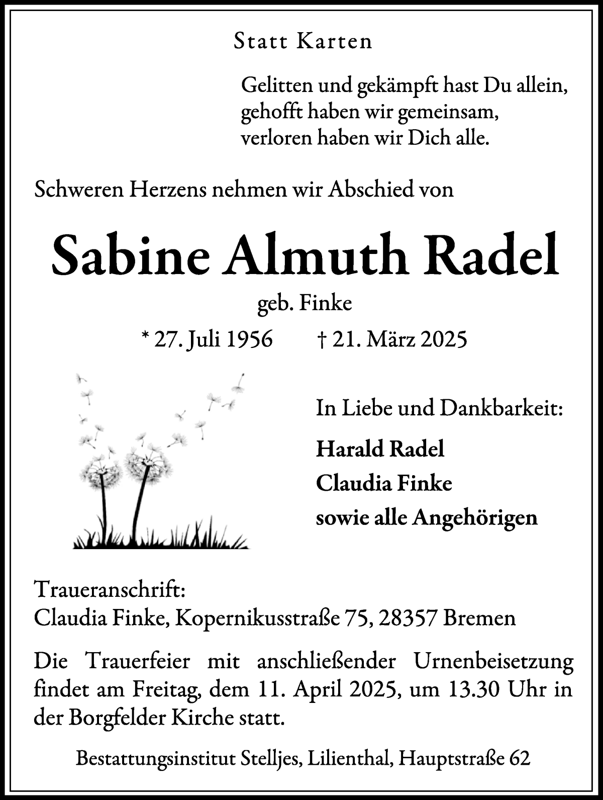 Traueranzeige von Sabine Almuth Radel von WESER-KURIER