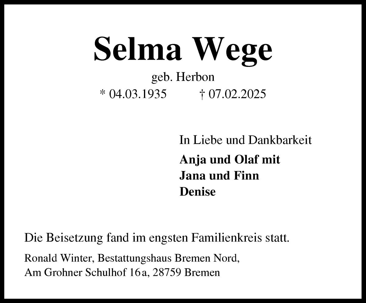 Traueranzeige von Selma Wege von Die Norddeutsche