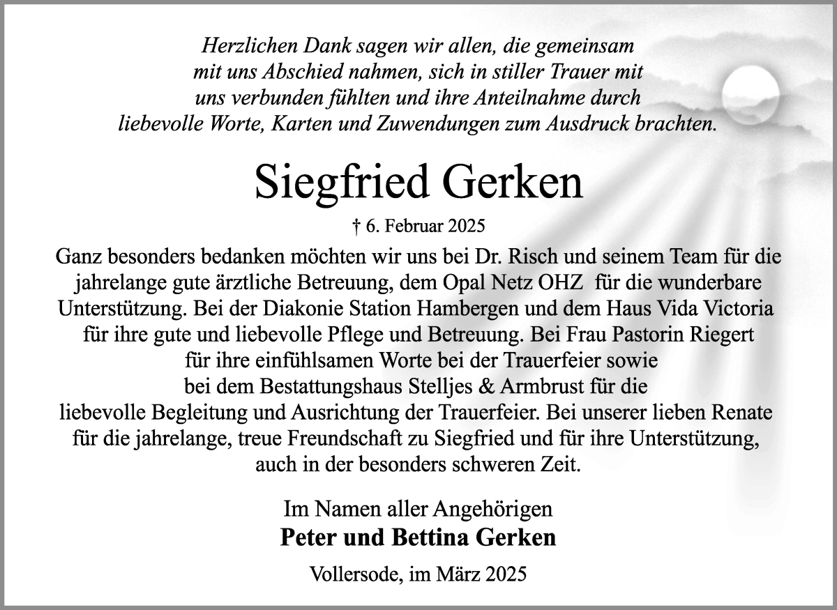 Traueranzeige von Siegfried Gerken von Osterholzer Kreisblatt