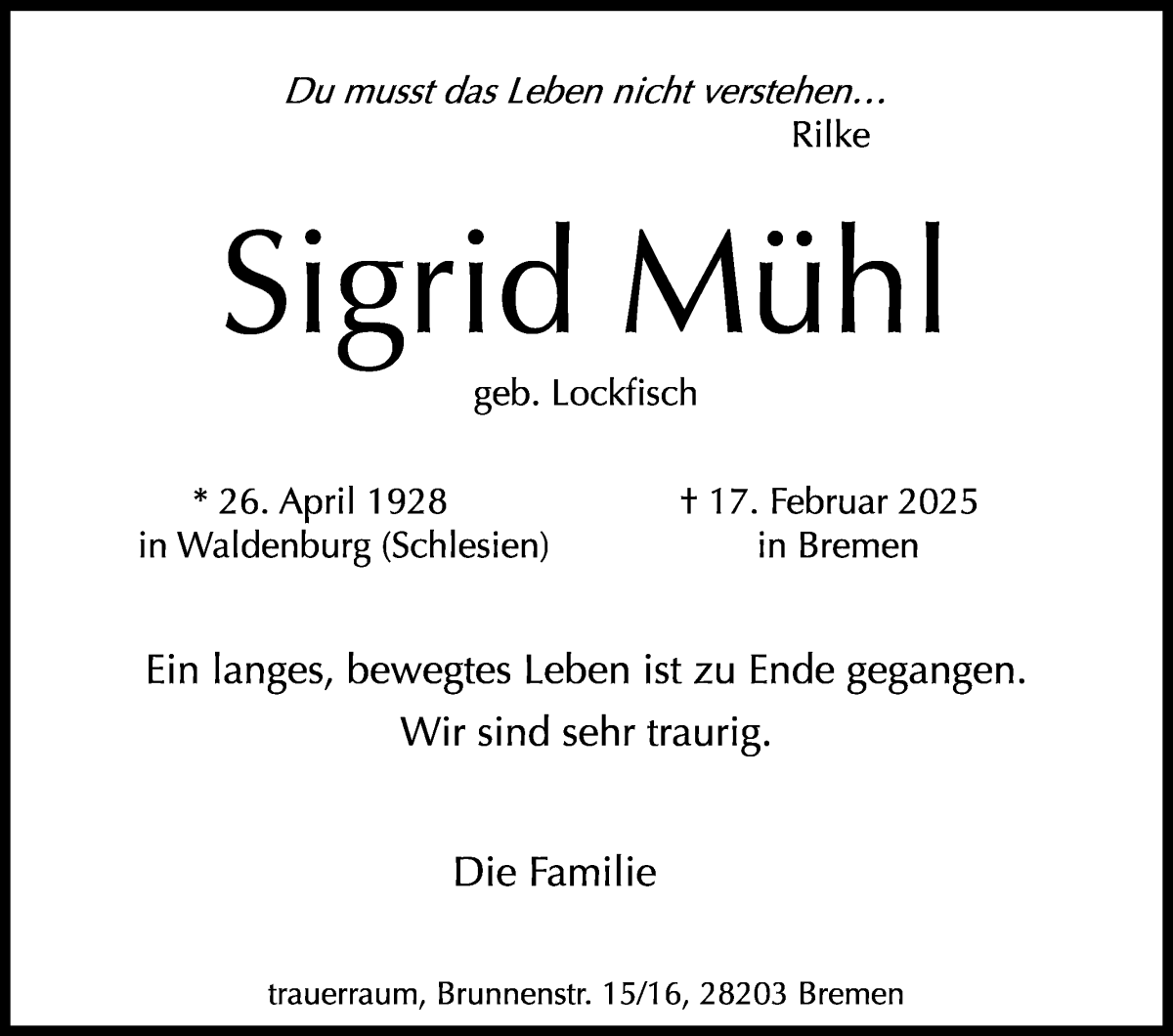 Traueranzeige von Sigrid Mühl von WESER-KURIER