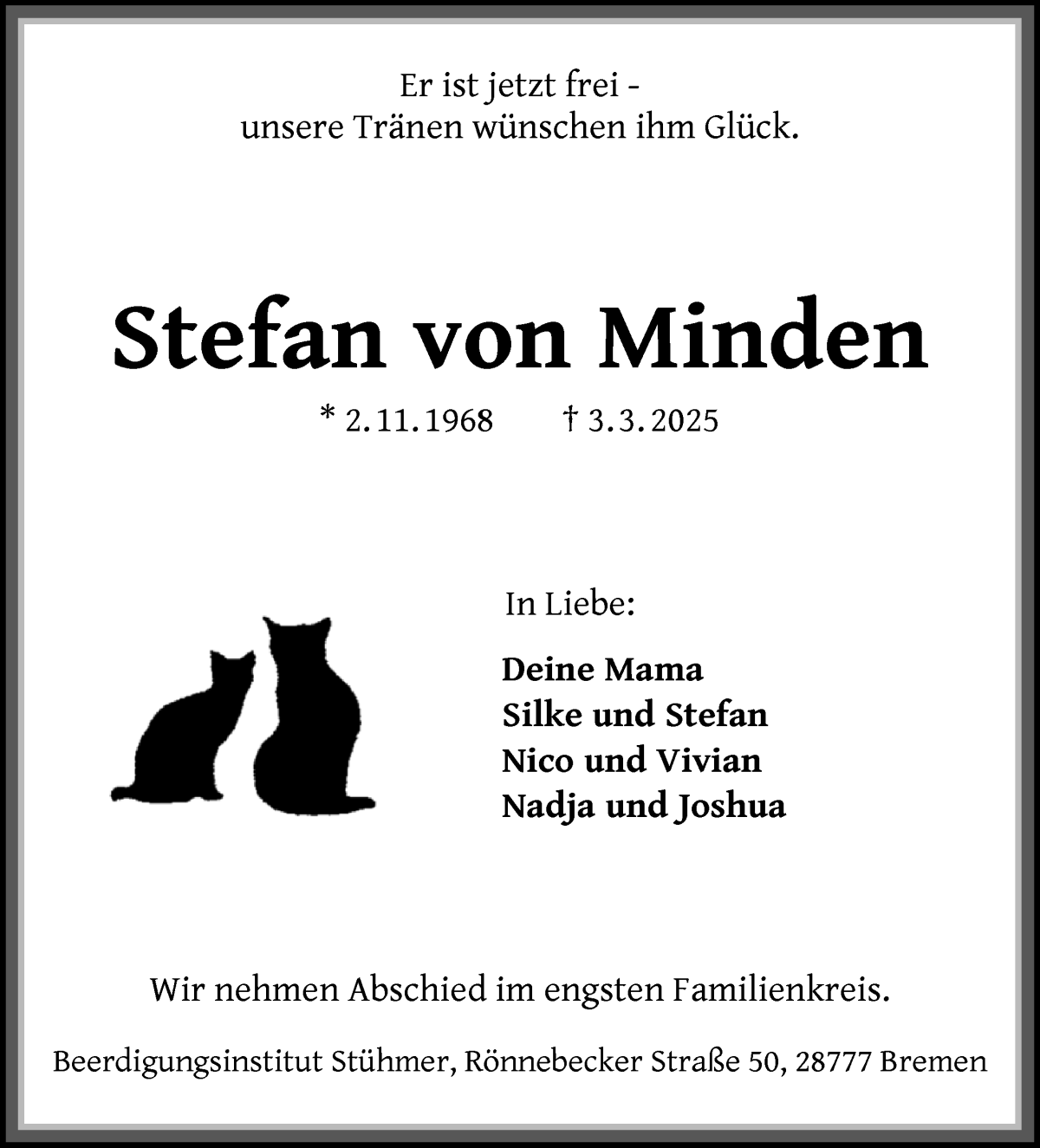 Traueranzeige von Stefan von Minden von Die Norddeutsche
