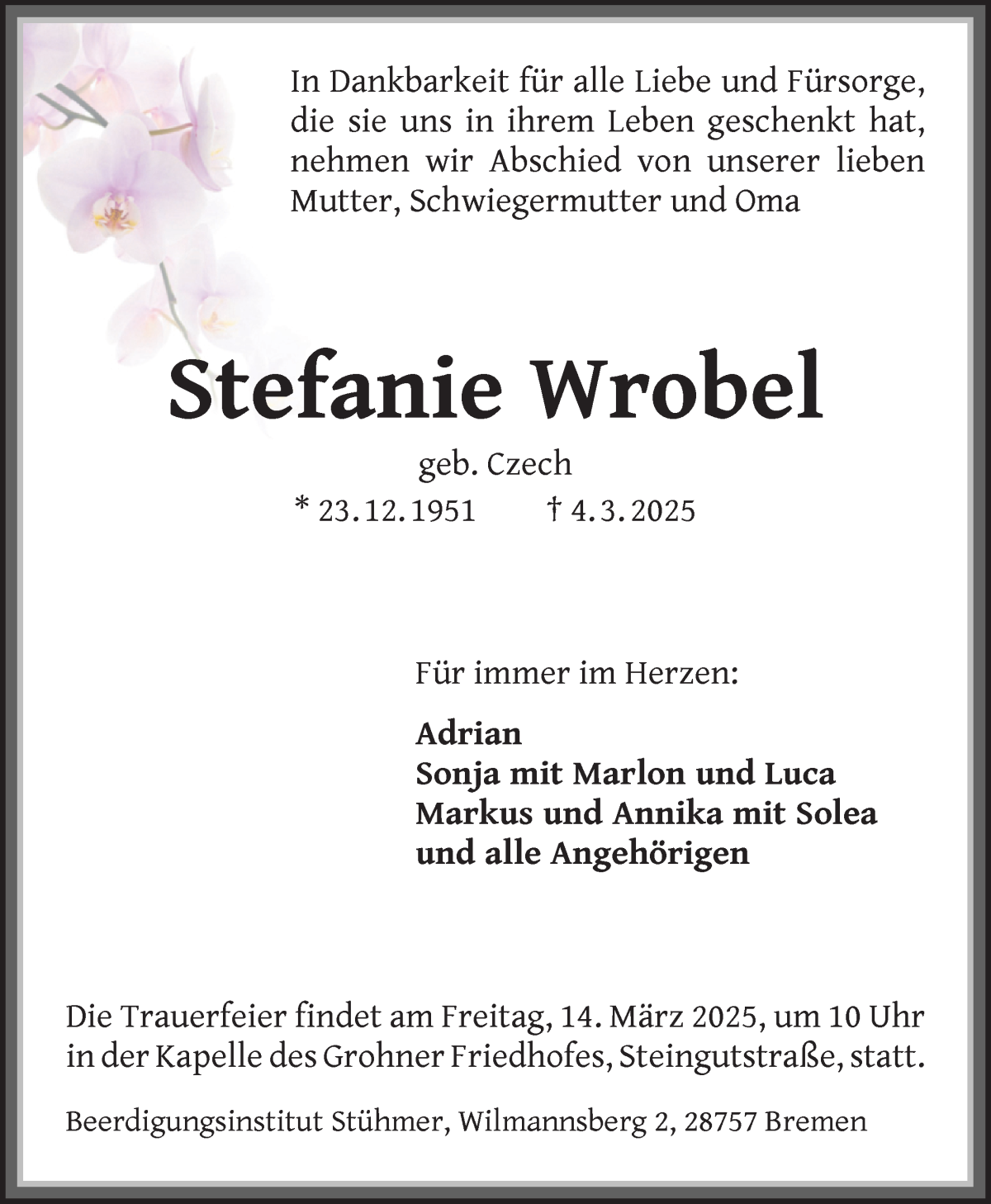 Traueranzeige von Stefanie Wrobel von Osterholzer Kreisblatt