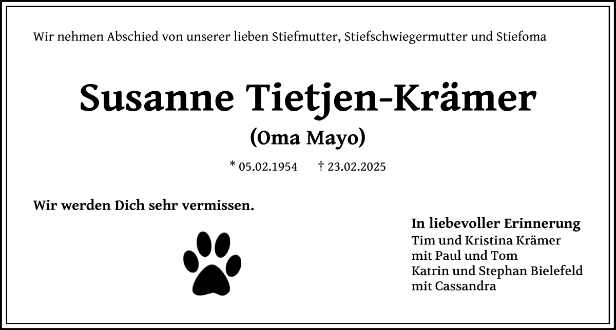 Traueranzeige von Susanne Tietjen-Krämer von Regionale Rundschau/Syker Kurier