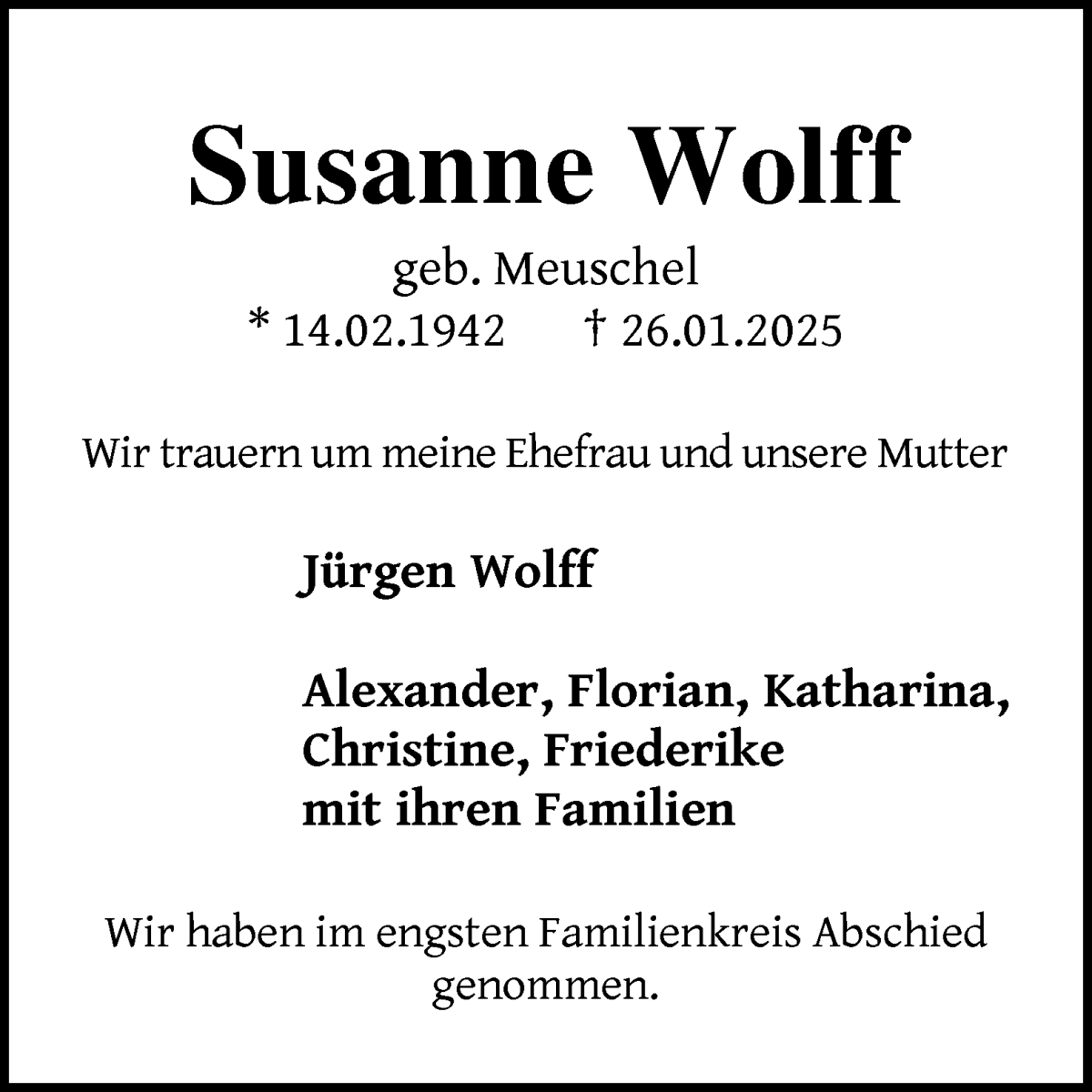 Traueranzeige von Susanne Wolff von WESER-KURIER