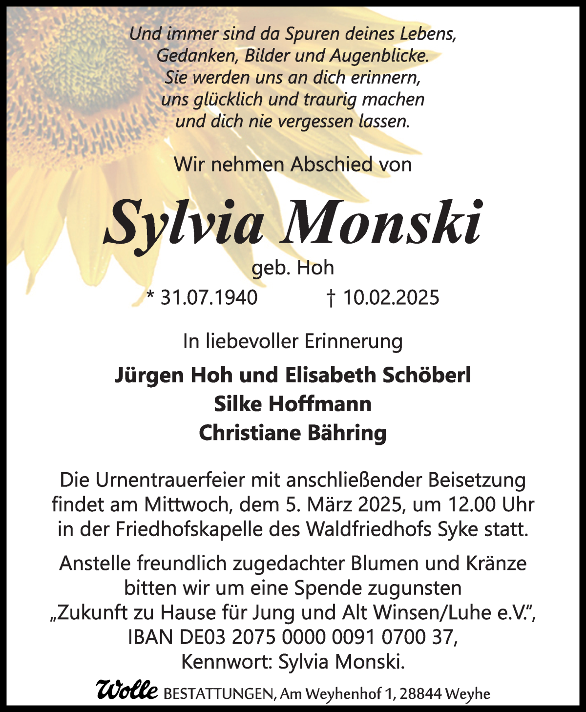 Traueranzeige von Sylvia Monski von Regionale Rundschau/Syker Kurier