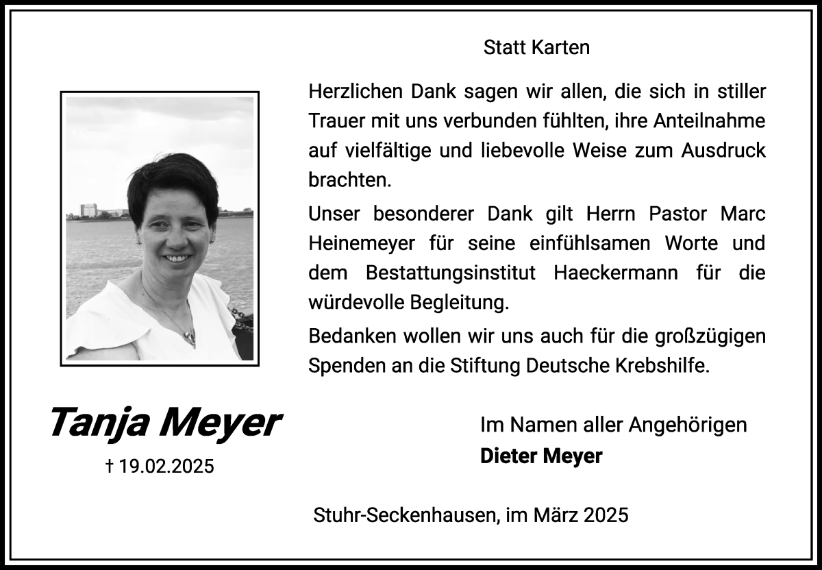 Traueranzeige von Tanja Meyer von Regionale Rundschau/Syker Kurier