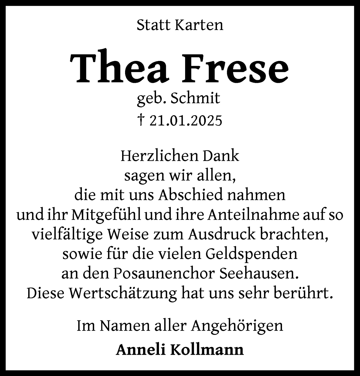 Traueranzeige von Thea Frese von WESER-KURIER