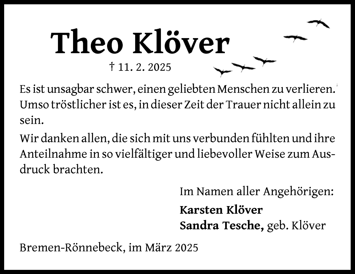 Traueranzeige von Theo Klöver von Die Norddeutsche