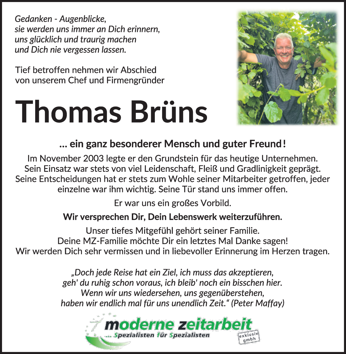 Traueranzeige von Thomas Brüns von Osterholzer Kreisblatt