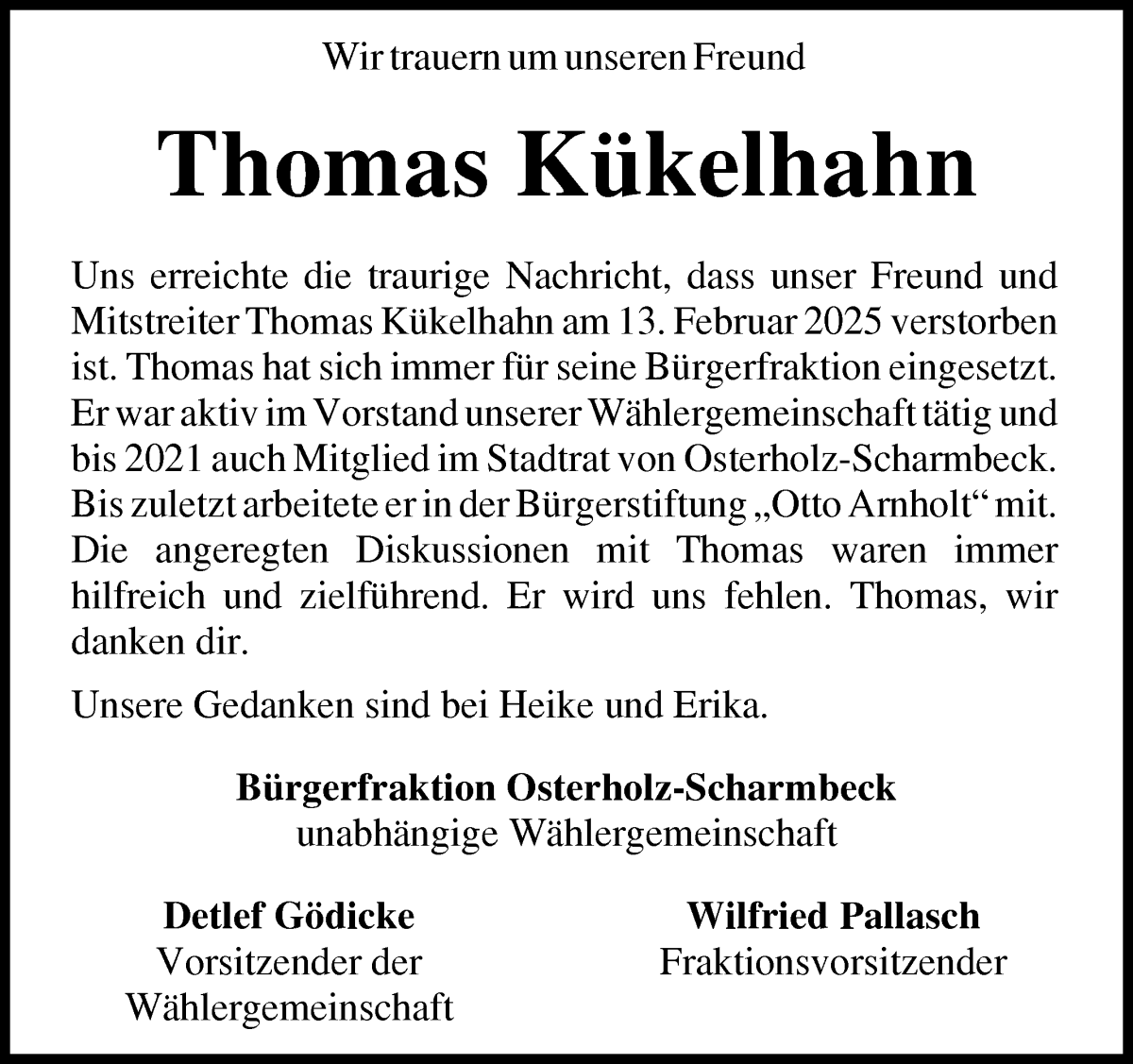 Traueranzeige von Thomas Kükelhahn von Osterholzer Kreisblatt