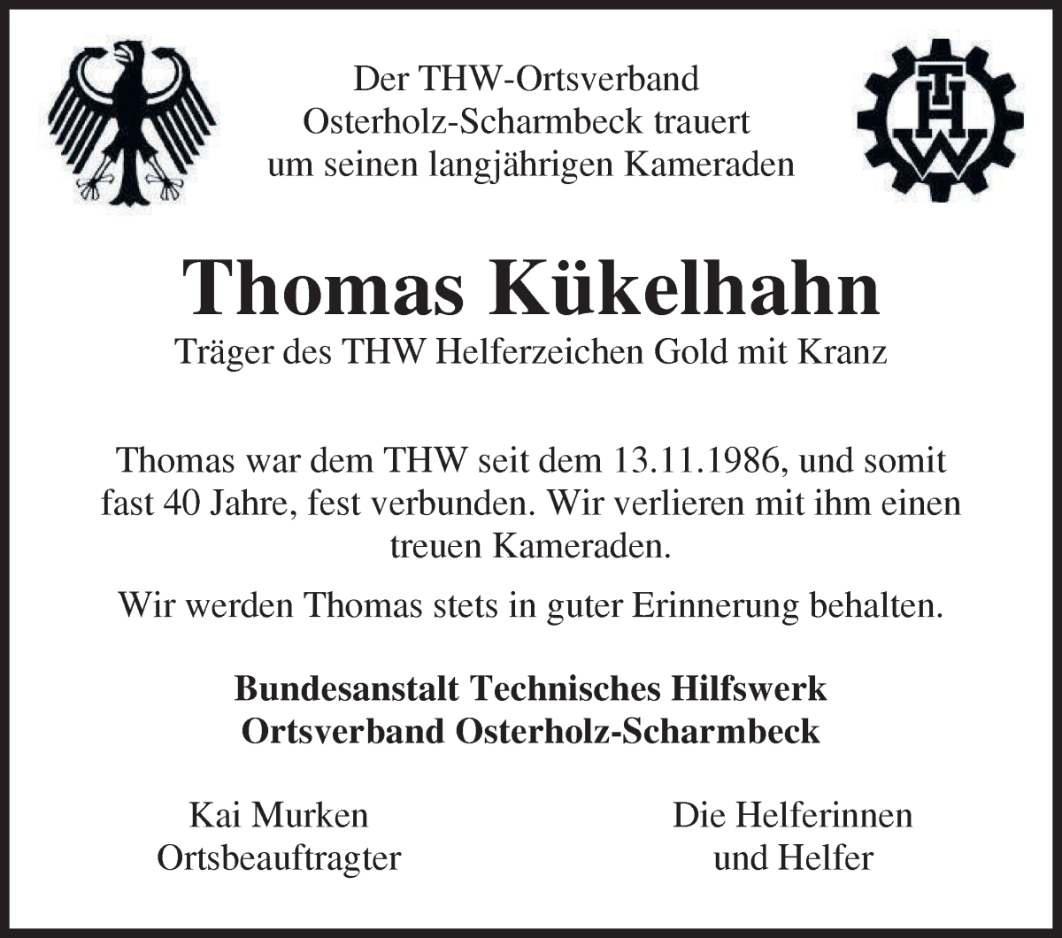 Traueranzeige von Thomas Kükelhahn von Osterholzer Kreisblatt