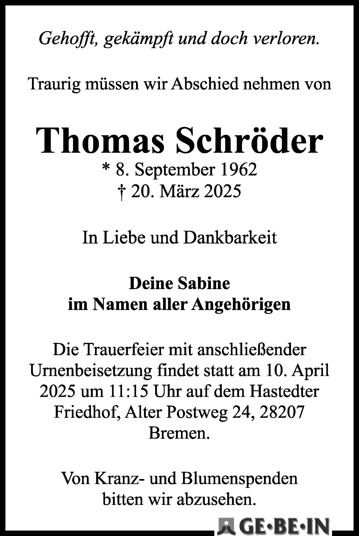 Traueranzeige von Thomas Schröder von WESER-KURIER