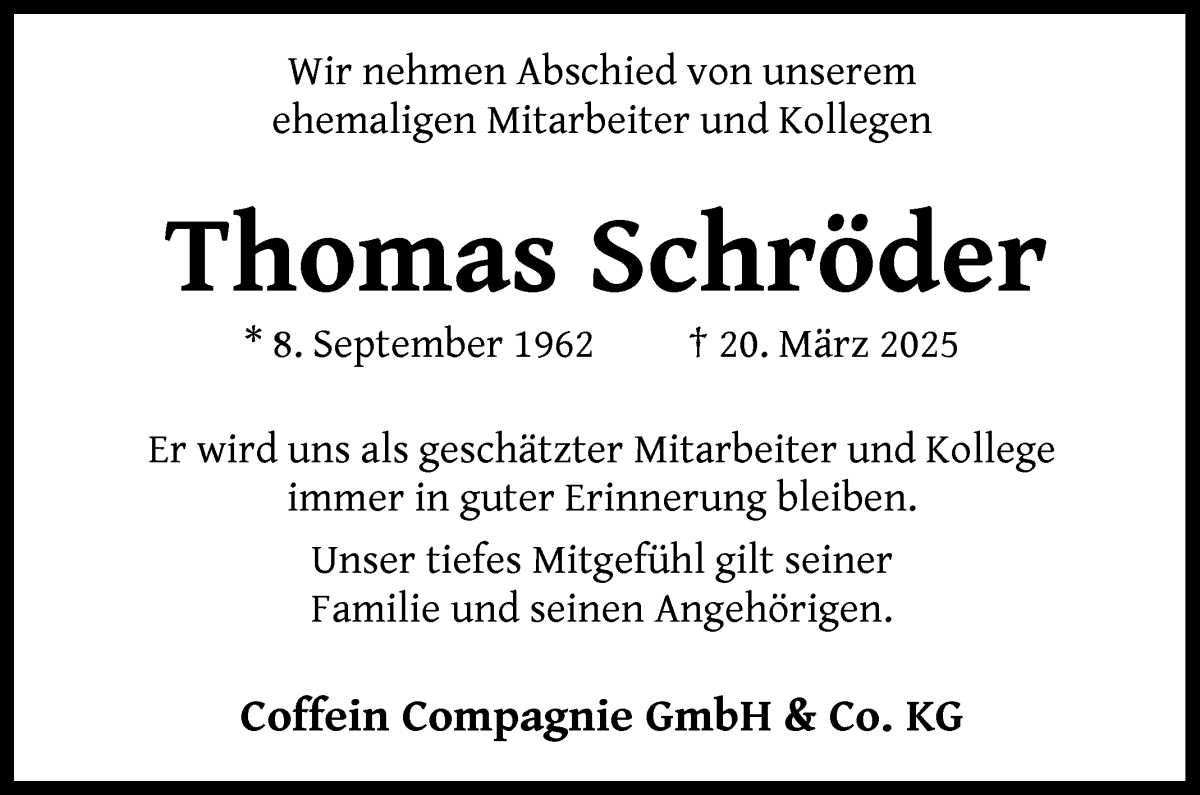 Traueranzeige von Thomas Schröder von WESER-KURIER