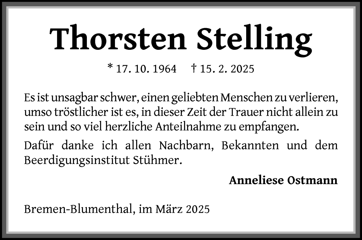Traueranzeige von Thorsten Stelling von Die Norddeutsche