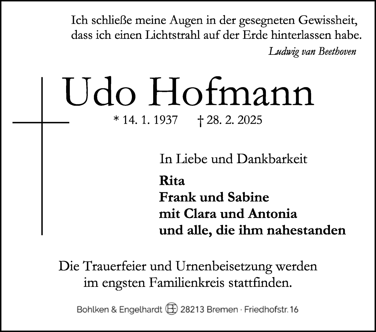 Traueranzeige von Udo Hofmann von WESER-KURIER
