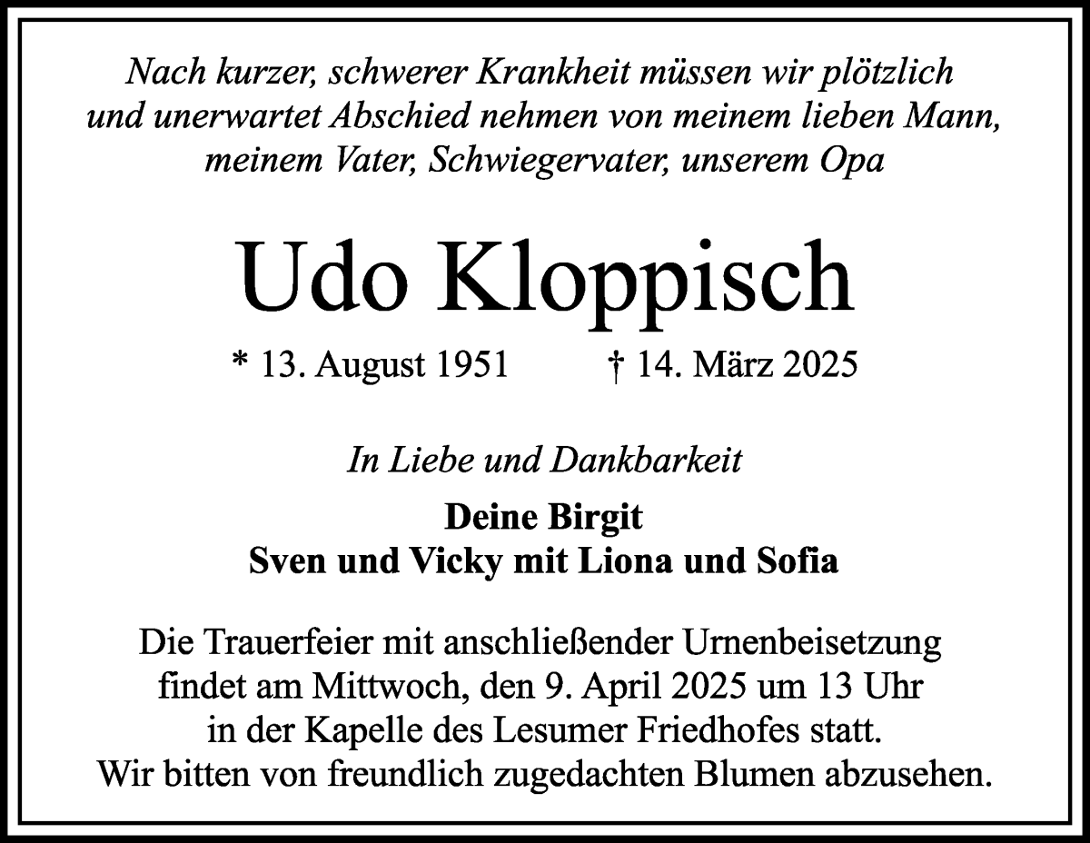 Traueranzeige von Udo Kloppisch von Die Norddeutsche