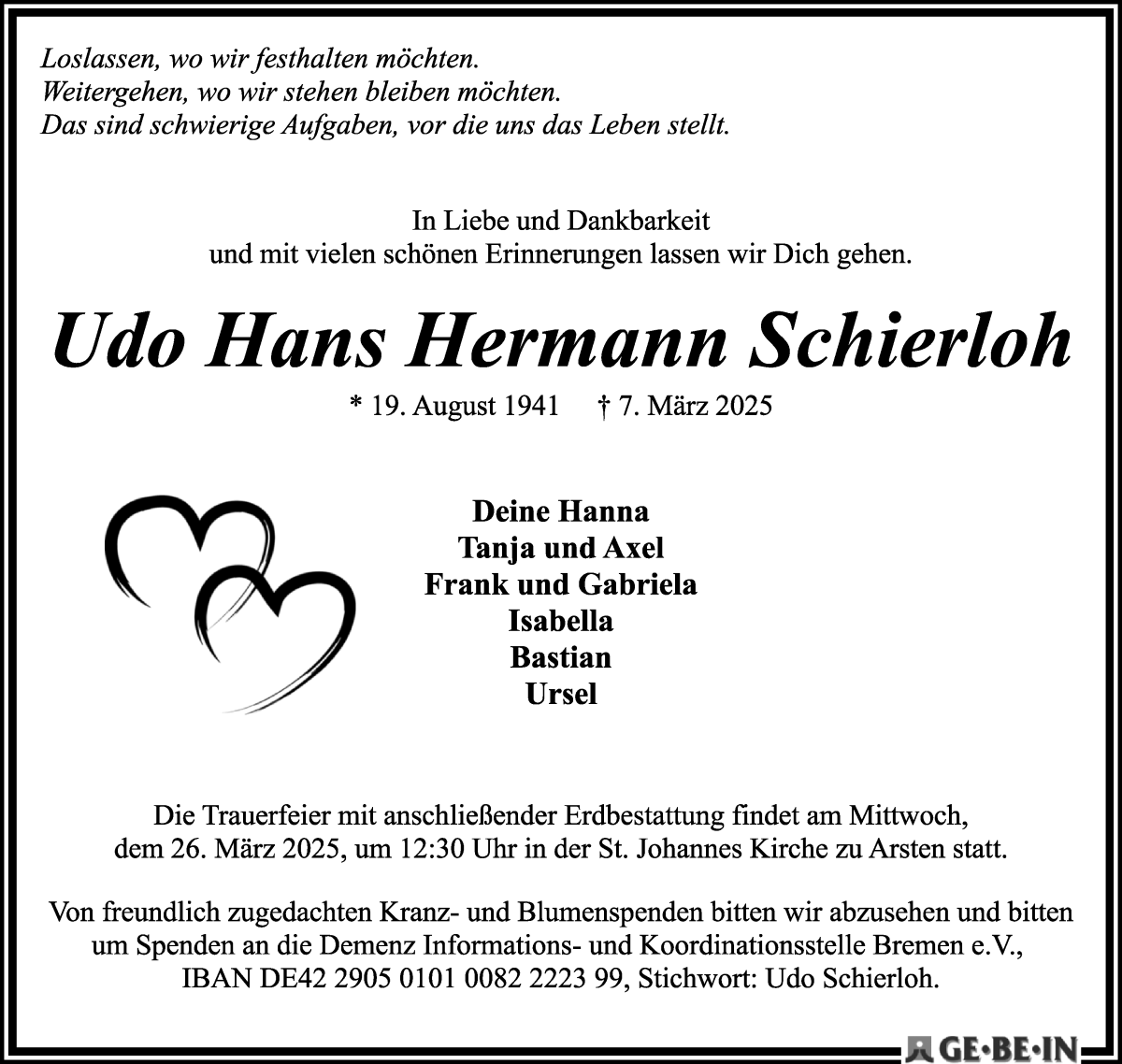 Traueranzeige von Udo Hans Hermann Schierloh von WESER-KURIER