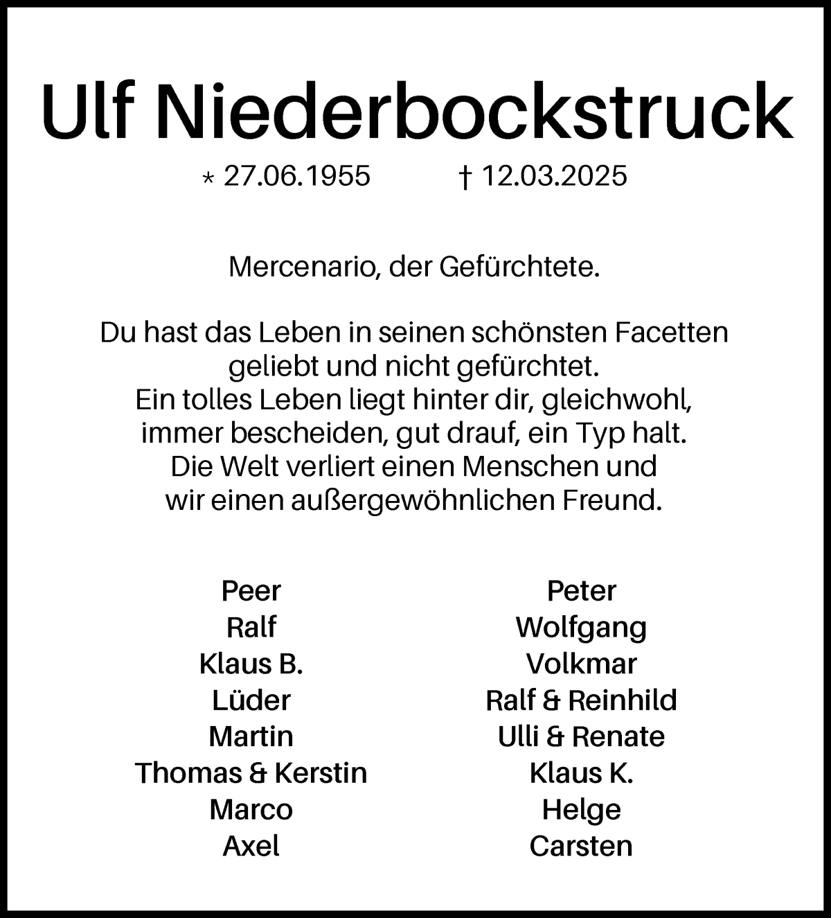 Traueranzeige von Ulf Niederbockstruck von WESER-KURIER