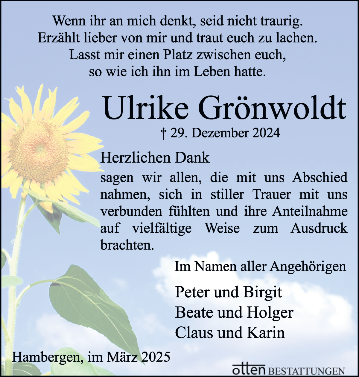 Traueranzeige von Ulrike Grönwoldt von Osterholzer Kreisblatt