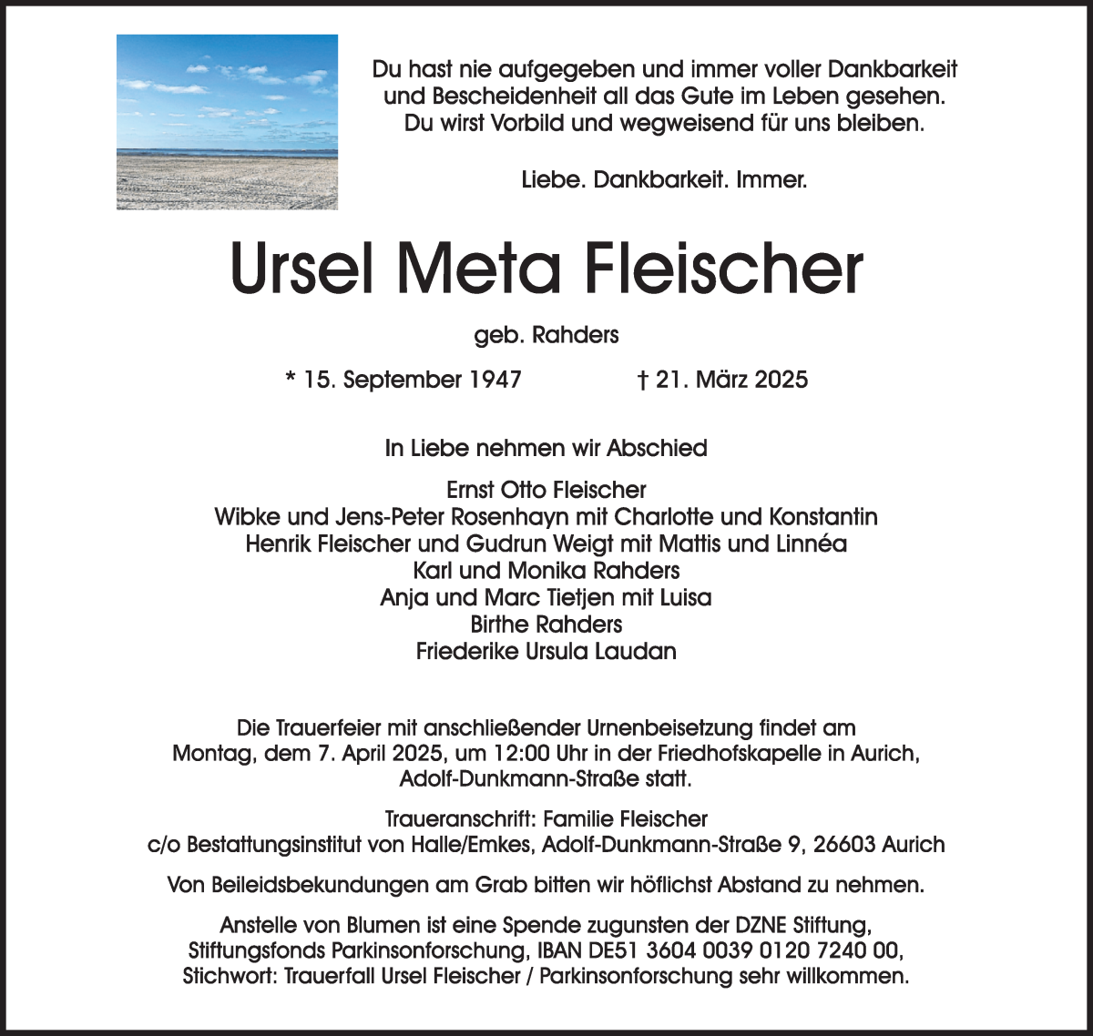 Traueranzeige von Ursel Meta Fleischer von Osterholzer Kreisblatt