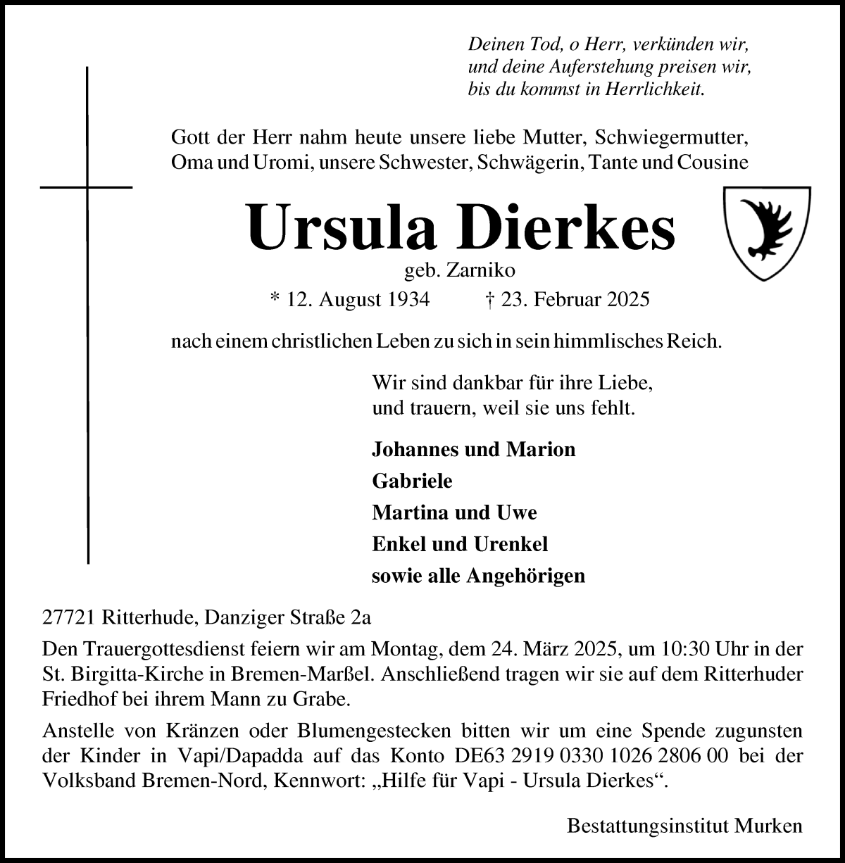 Traueranzeige von Ursula Dierkes von Osterholzer Kreisblatt
