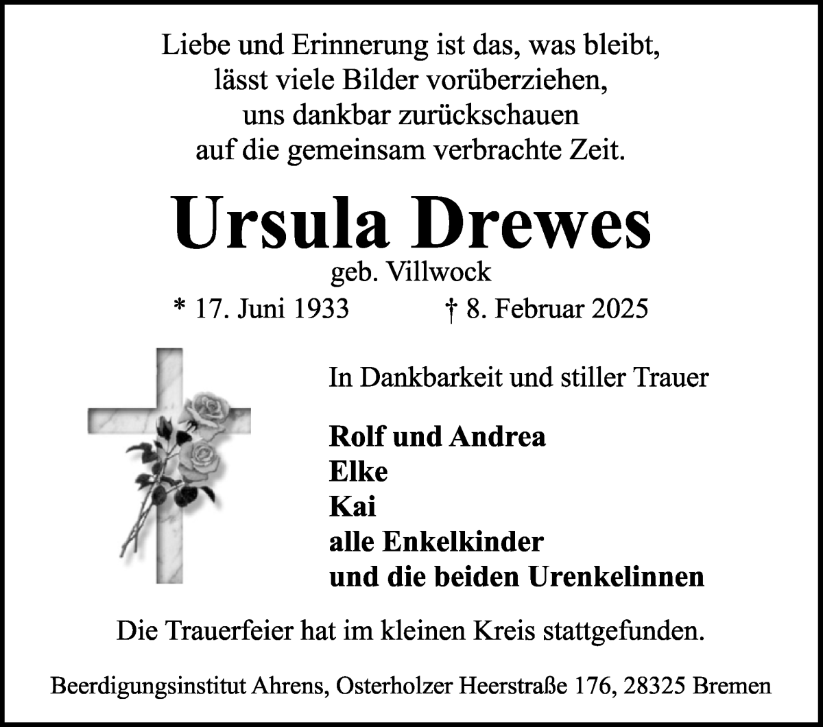 Traueranzeige von Ursula Drewes von WESER-KURIER