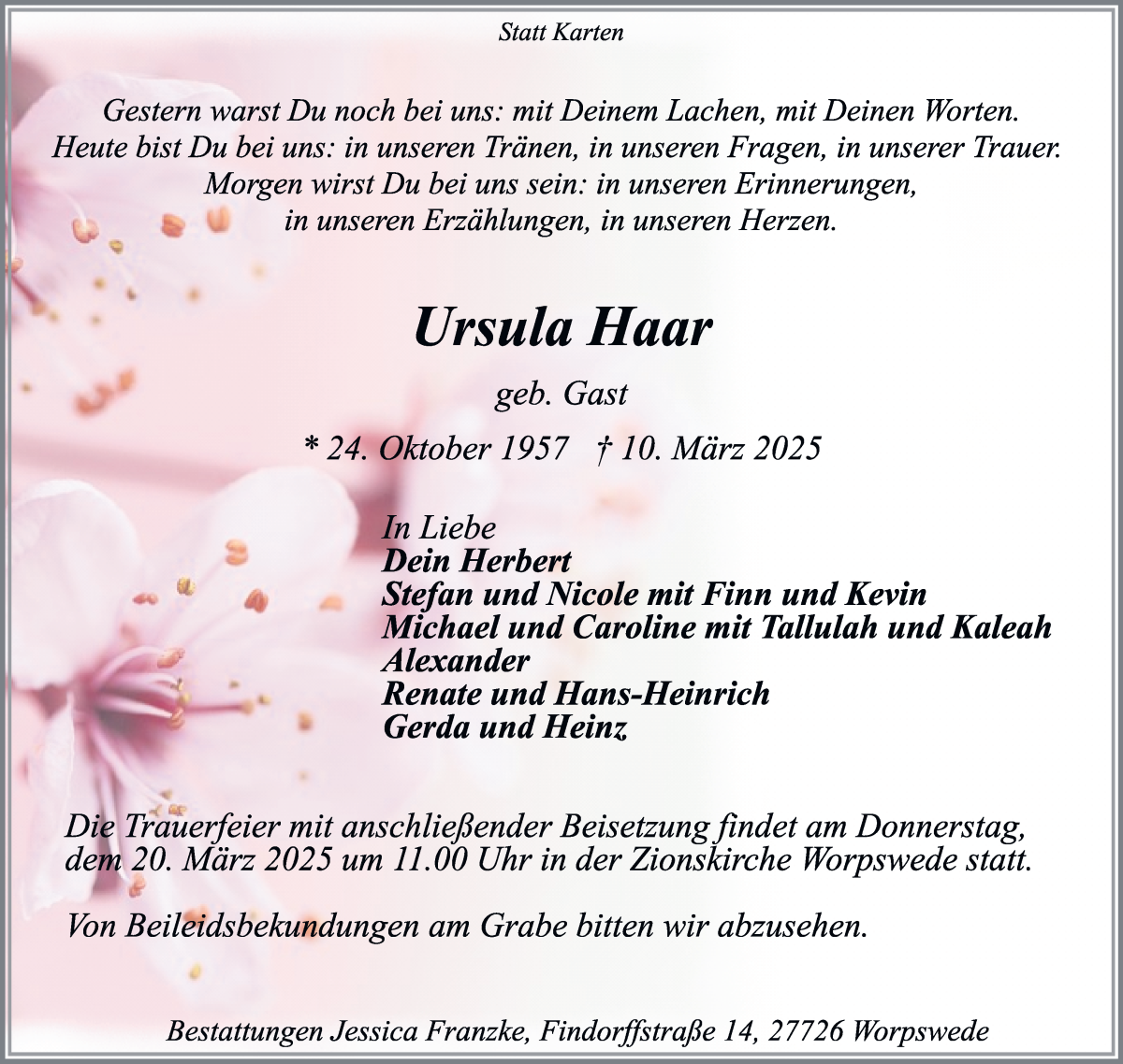 Traueranzeige von Ursula Haar von Wuemme Zeitung