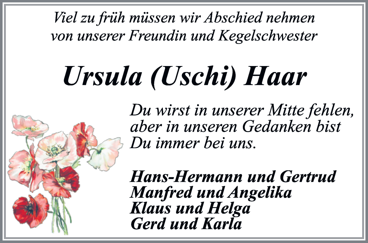 Traueranzeige von Ursula Haar von Wuemme Zeitung